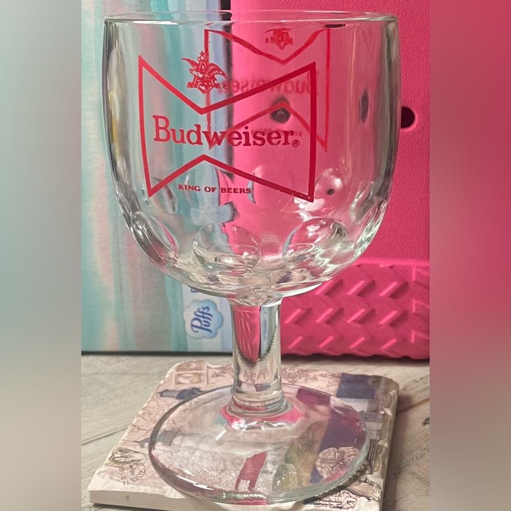BUDWEISER King of Beers - Bowtie Thumbprint Glass Beer Goblet - Clear Glass